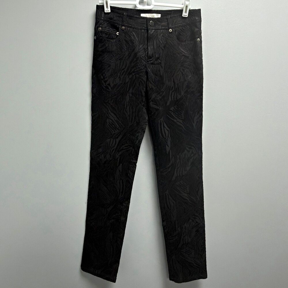 Cache Luxe Black Jacquard Abstract Textured Slim Straight Midrise Stretch Jean 2